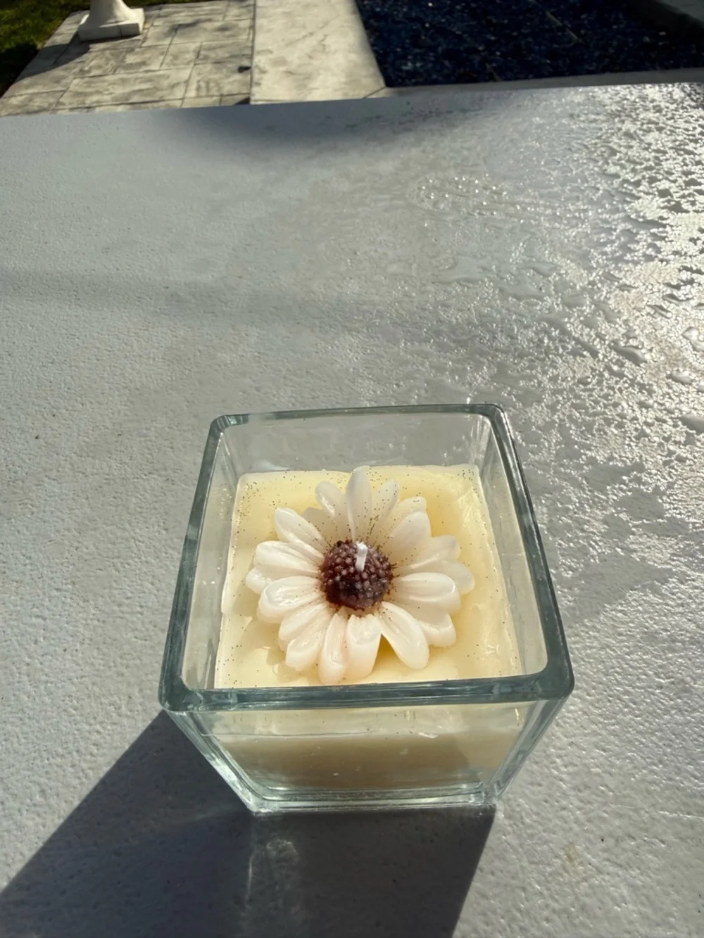 Hand Crafted Cream Daisy Flower Candle in Square Glass
